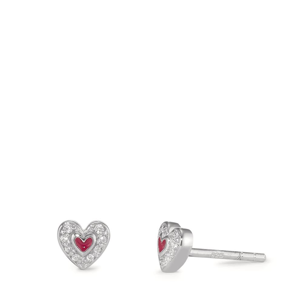 Stud earrings Silver Zirconia Enameled Heart Ø5.5 mm