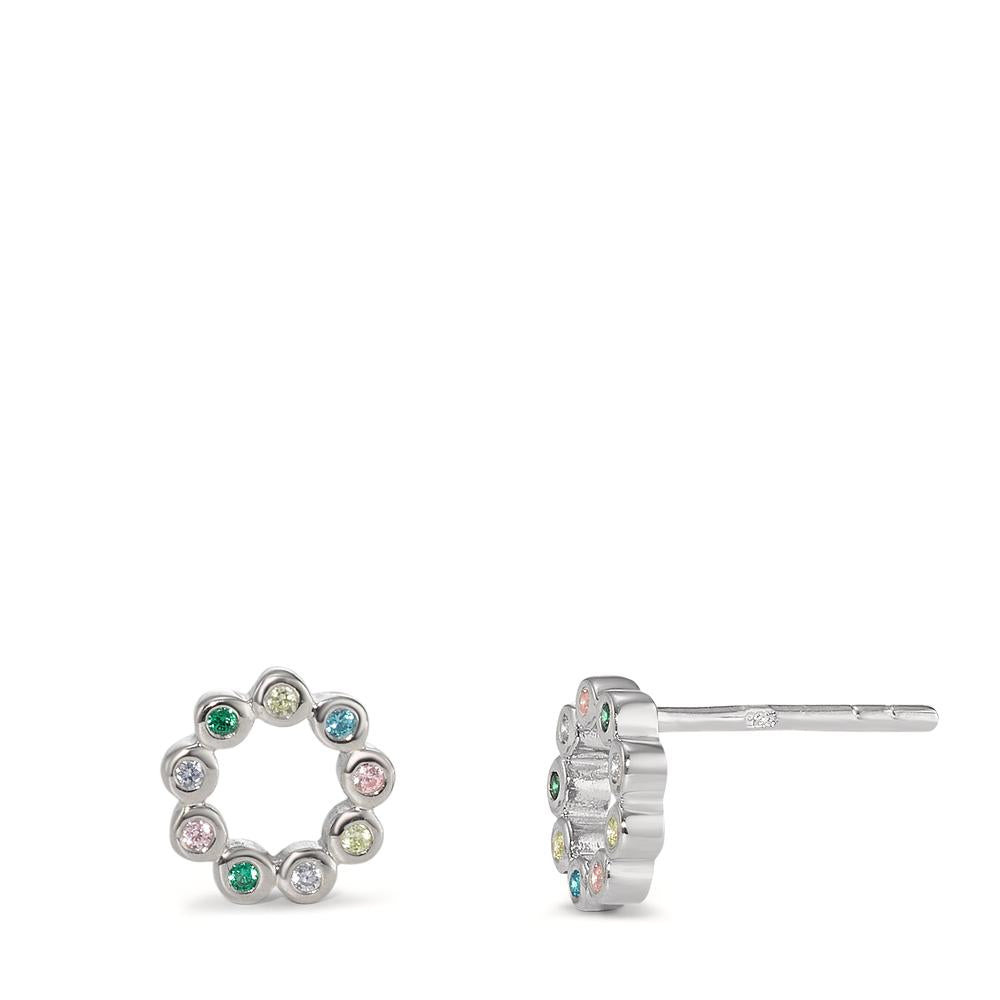 Stud earrings Silver Zirconia Colorful, 18 Stones Rhodium plated Ø7.5 mm