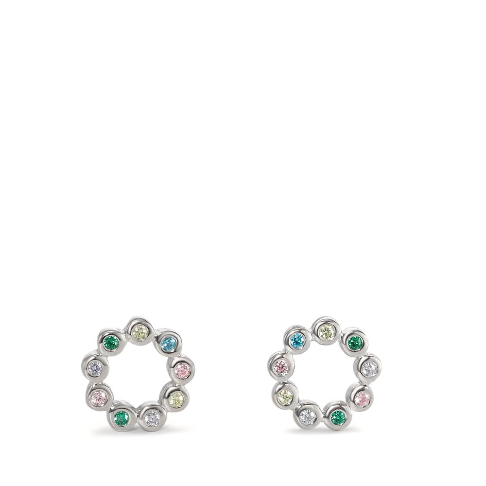 Stud earrings Silver Zirconia Colorful, 18 Stones Rhodium plated Ø7.5 mm