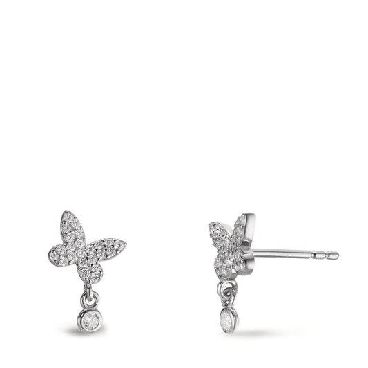 Stud earrings Silver Zirconia Rhodium plated Butterfly Ø7.5 mm