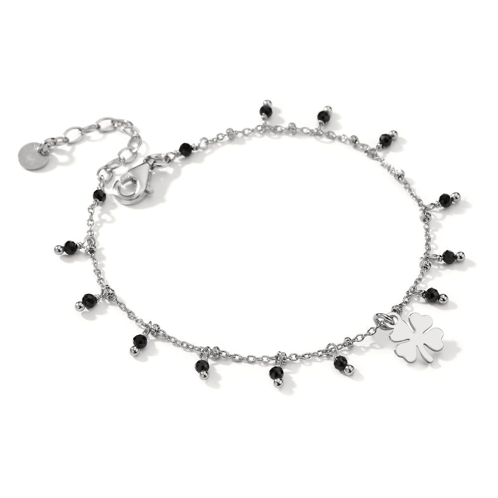 Bracelet Silver Crystal Black, 14 Stones Rhodium plated Cloverleaf 16-19 cm