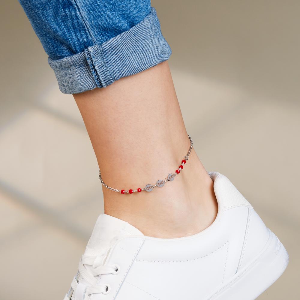 Anklet Silver Crystal Red, 6 Stones Rhodium plated Infinity 23-26 cm