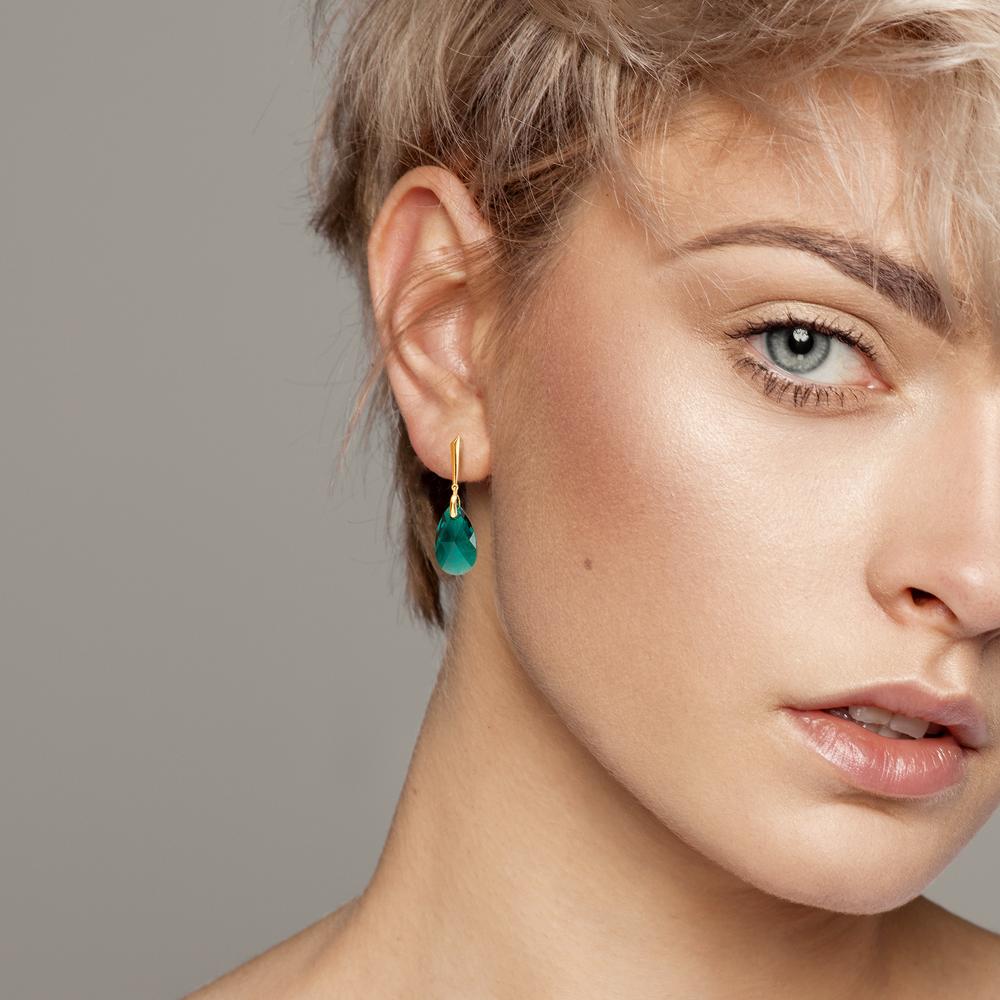 Drop Earrings Silver Zirconia Green, 2 Stones Gold plated