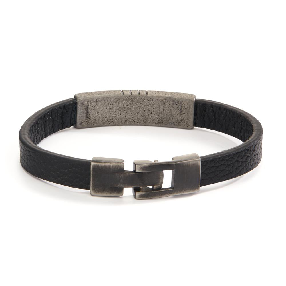 Bracelet Leather, Stainless steel, Carbon Black IP coated 21 cm