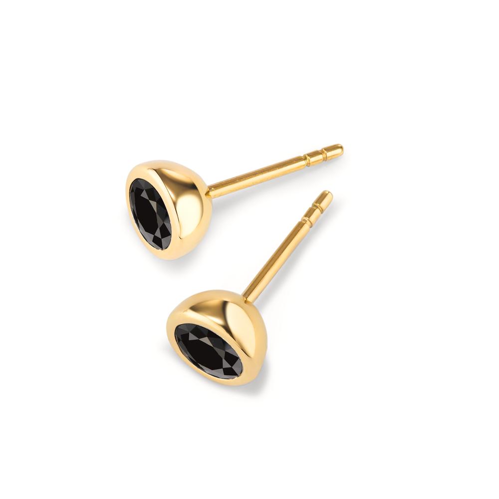 Stud earrings Stainless steel Zirconia Black, 2 Stones Yellow IP coated Ø7 mm