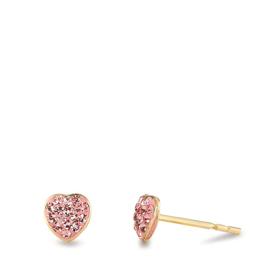 Stud earrings 14k Yellow Gold Crystal Pink, 14 Stones Heart Ø4.5 mm