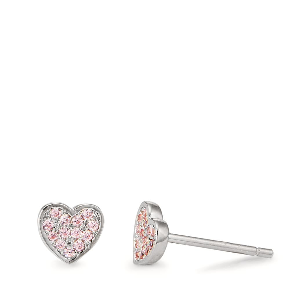 Stud earrings Silver Zirconia Rose, 26 Stones Rhodium plated Heart Ø5.5 mm