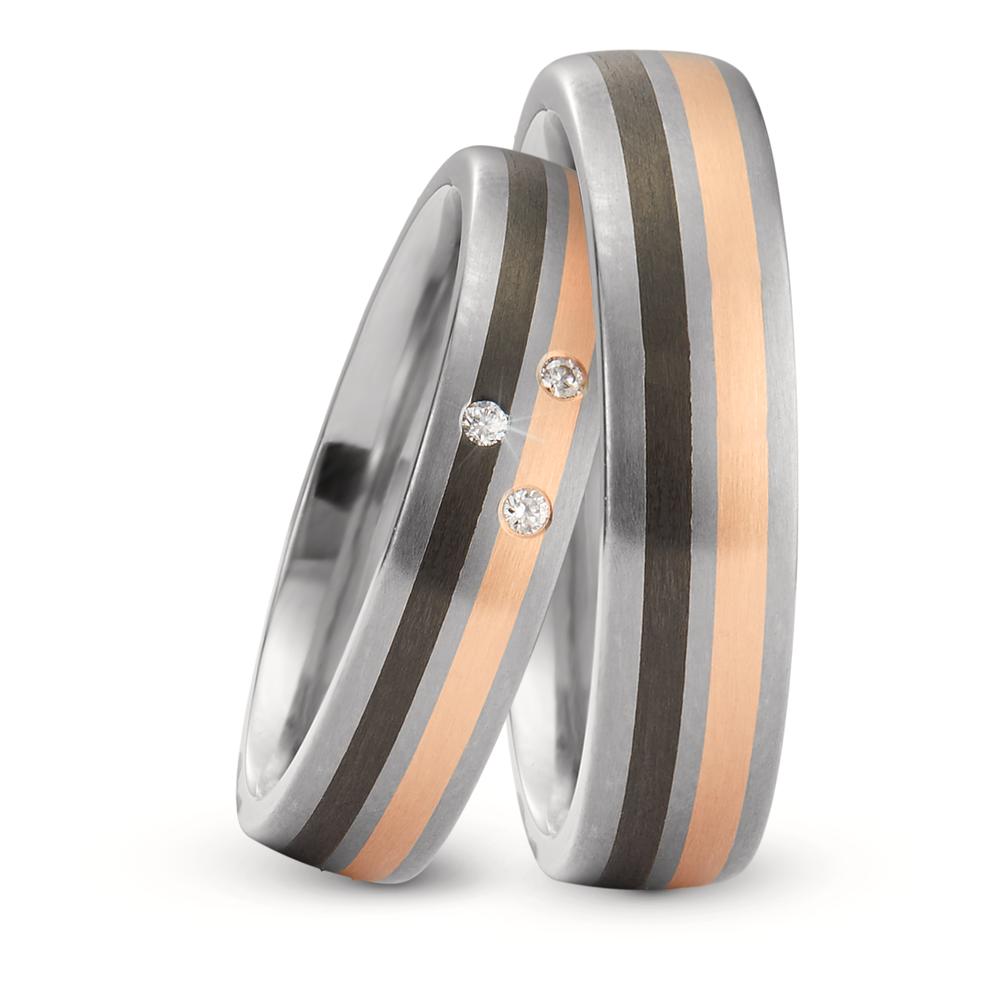 Wedding Ring Titanium, 18k Red Gold, Carbon Diamond 0.03 ct, 3 Stones, w-si