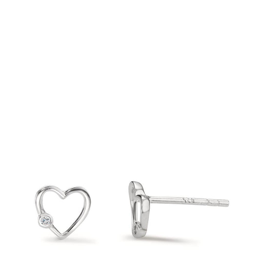 Stud earrings Silver Zirconia 2 Stones Rhodium plated Heart Ø6.5 mm