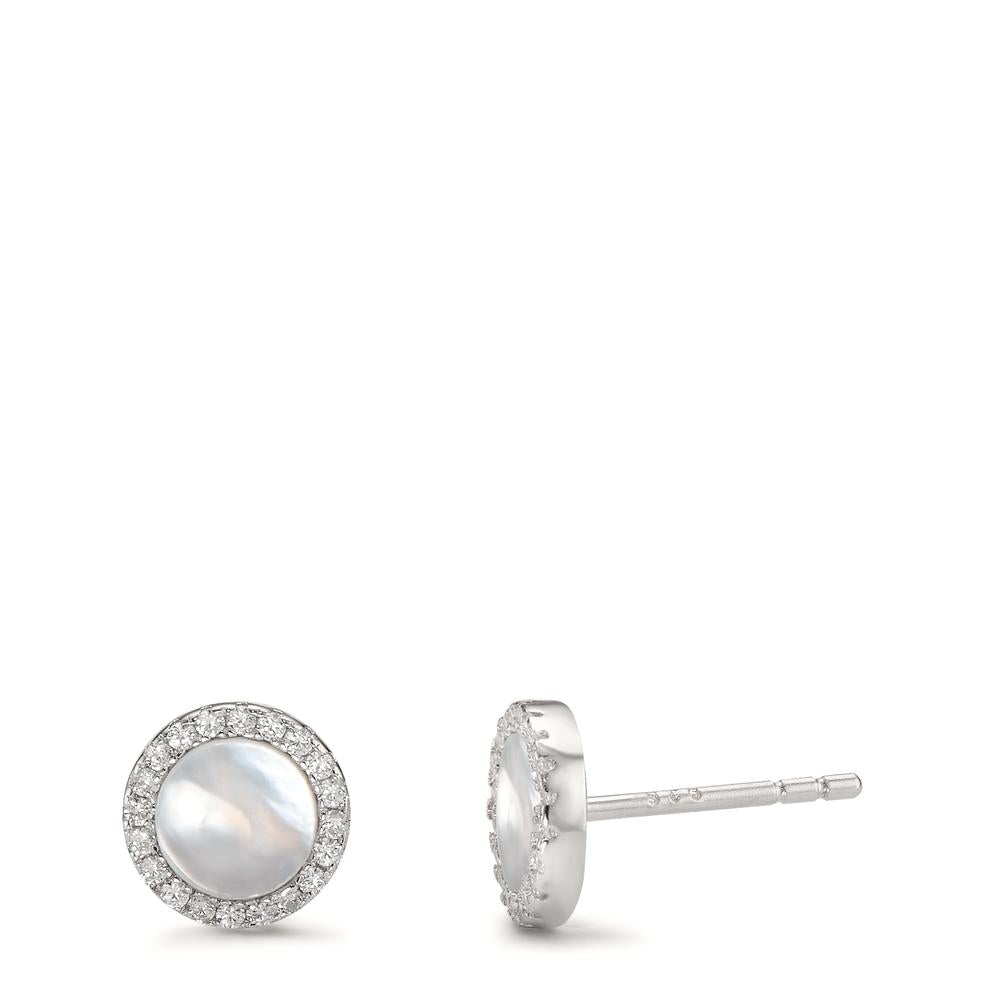 Stud earrings Silver Zirconia Rhodium plated Mother of pearl Ø8 mm