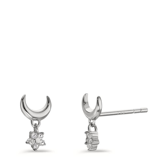 Drop Earrings Silver Zirconia 2 Stones Rhodium plated Moon