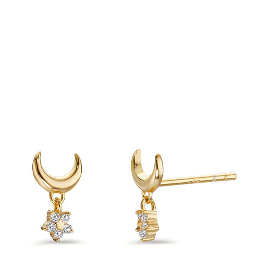 Drop Earrings Silver Zirconia 2 Stones Yellow Gold plated Moon