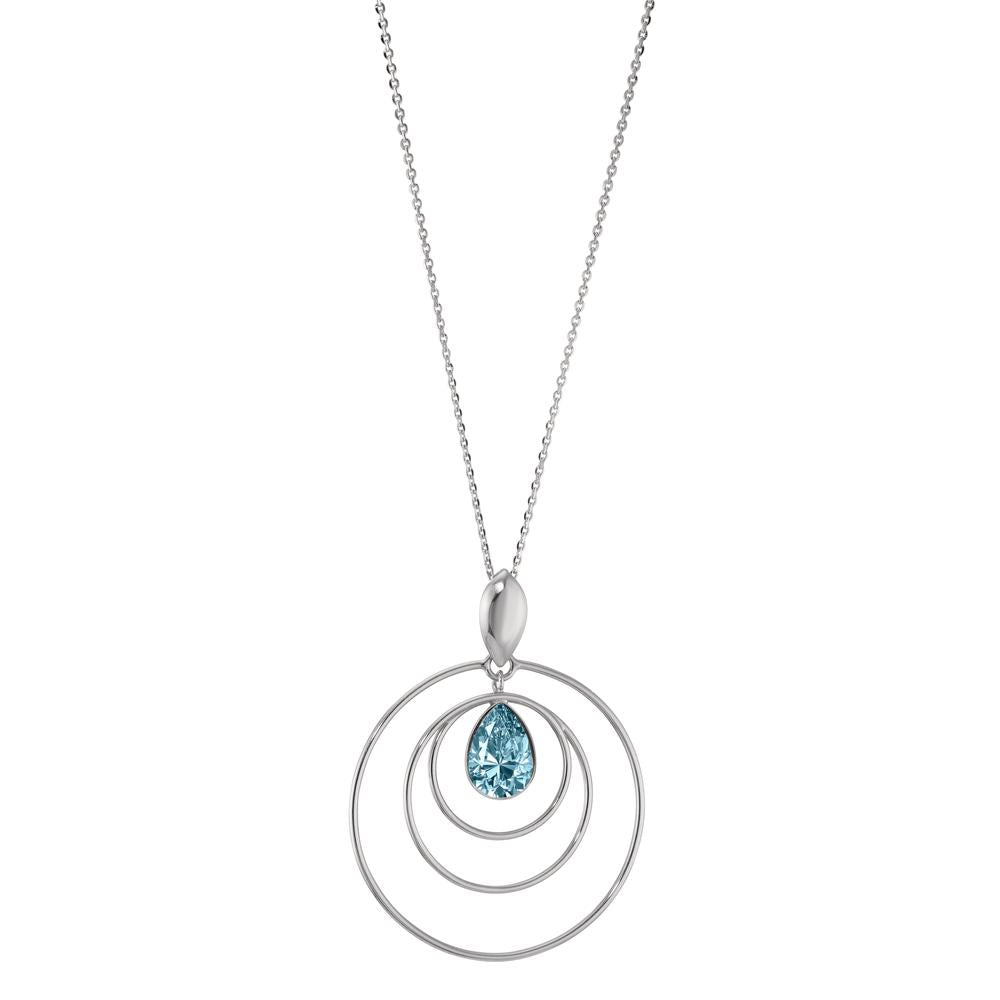 Necklace with pendant Silver Zirconia Aqua, 2 Stones Rhodium plated 43-47 cm Ø30 mm