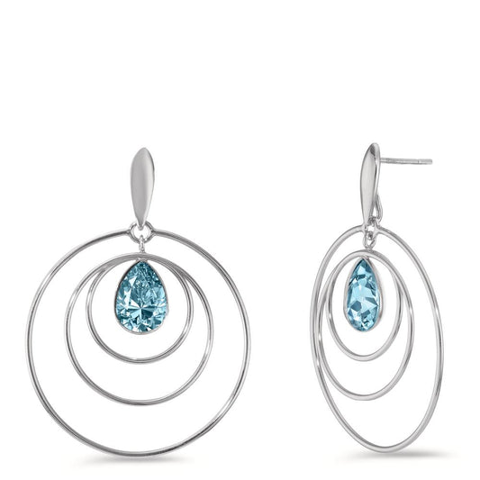 Drop Earrings Silver Zirconia Aqua, 2 Stones Rhodium plated Ø30 mm