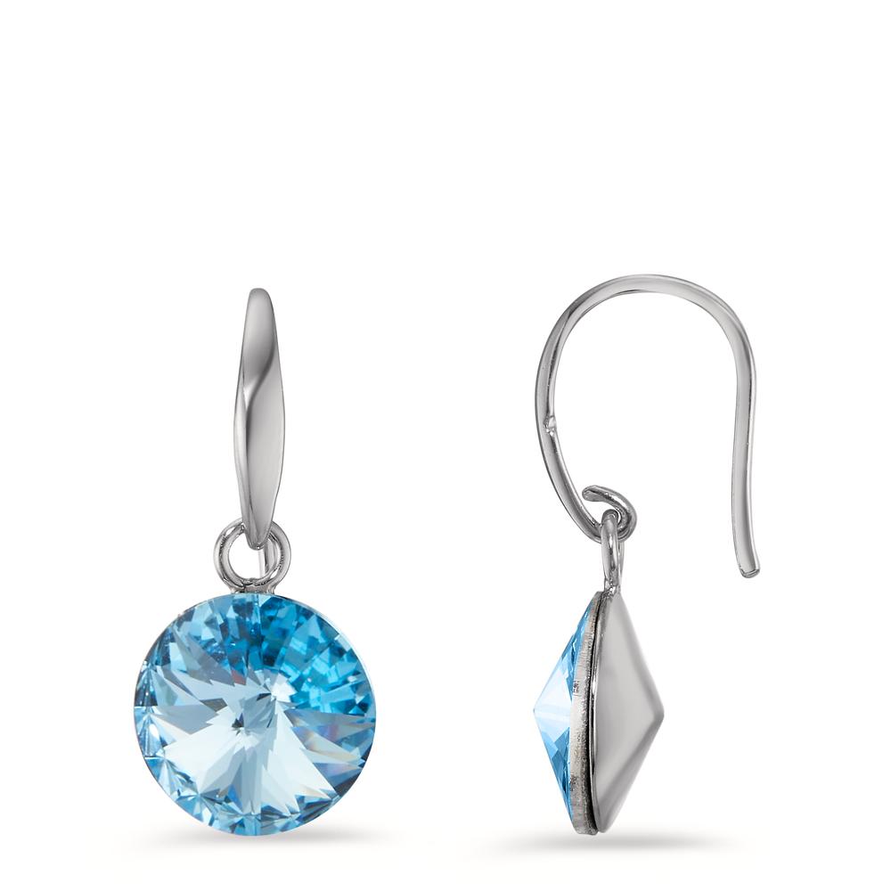 Drop Earrings Silver Zirconia Aqua, 2 Stones Rhodium plated Ø10 mm