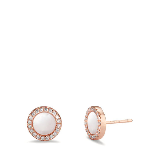 Stud earrings Silver Zirconia Rose Gold plated Mother of pearl Ø9.5 mm