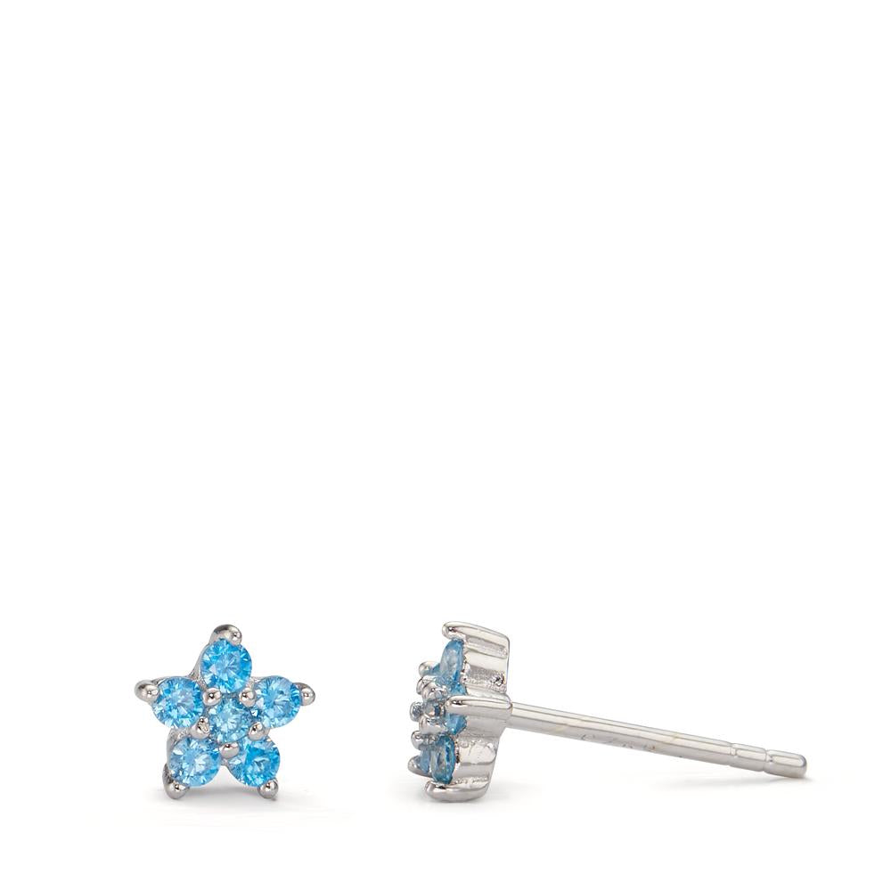 Stud earrings Silver Zirconia Aqua, 12 Stones Rhodium plated Flower Ø6 mm