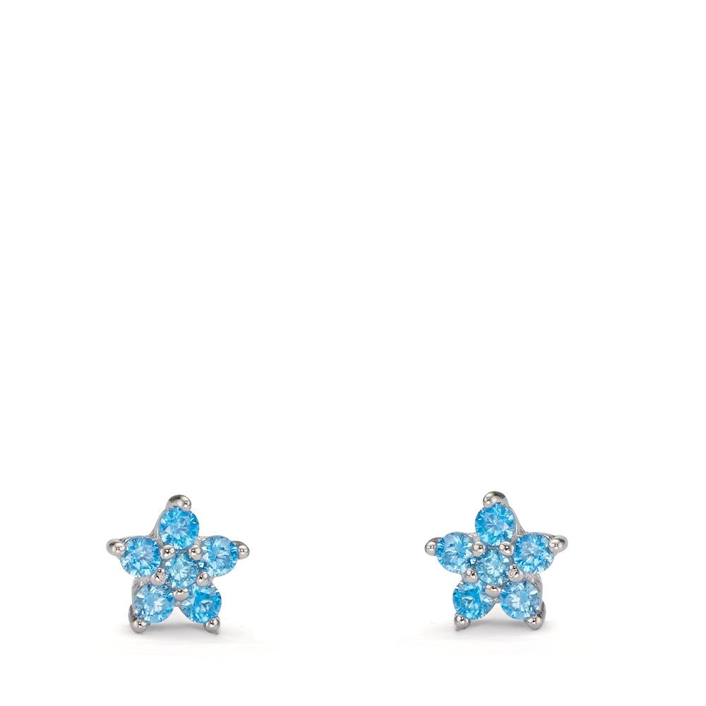 Stud earrings Silver Zirconia Aqua, 12 Stones Rhodium plated Flower Ø6 mm