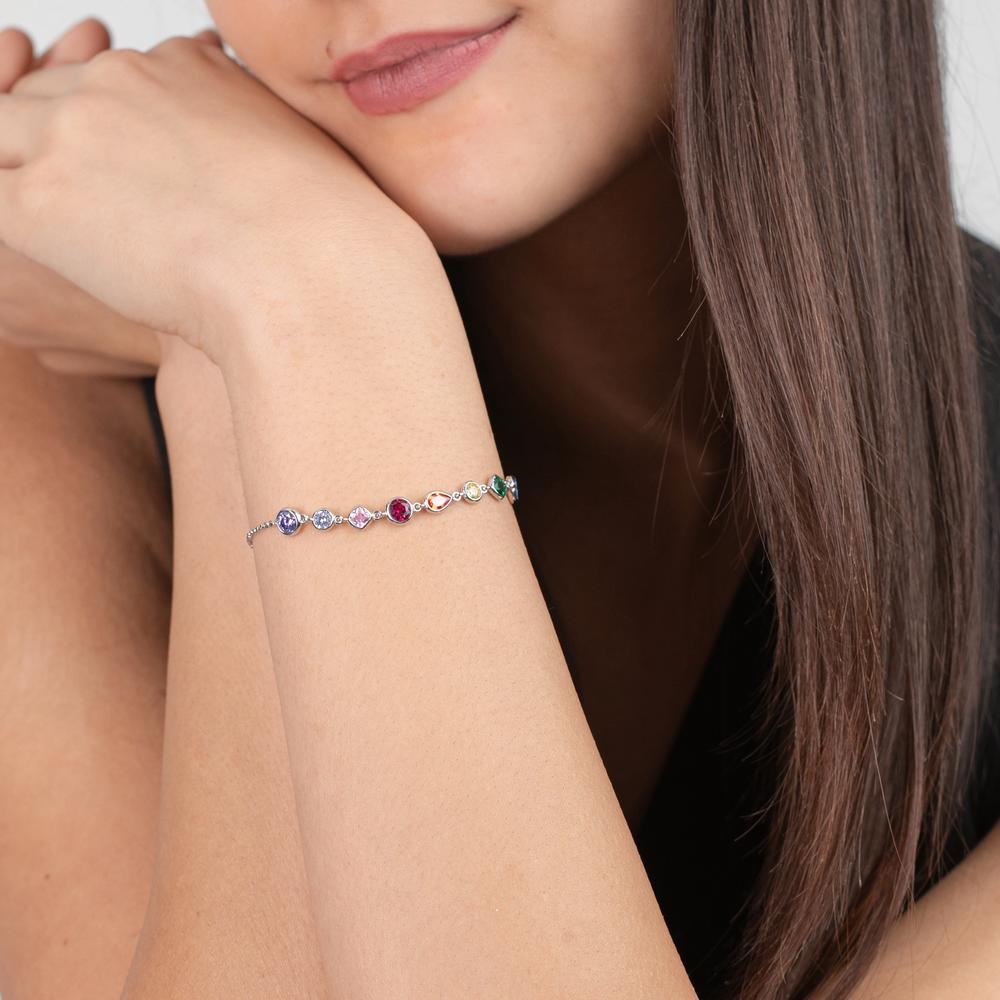 Bracelet Silver Zirconia Colorful, 8 Stones Rhodium plated 16-18.5 cm