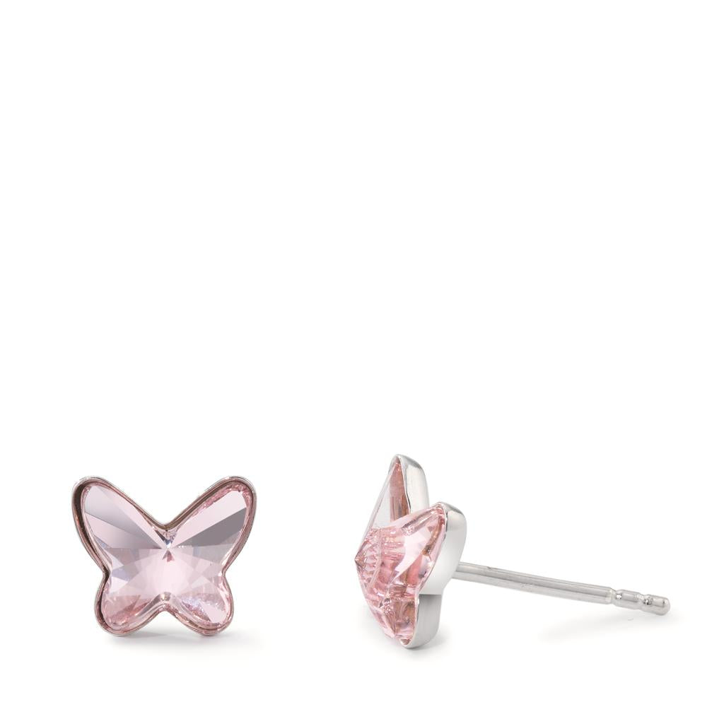 Stud earrings Silver Zirconia Rose, 2 Stones Rhodium plated Butterfly Ø8 mm