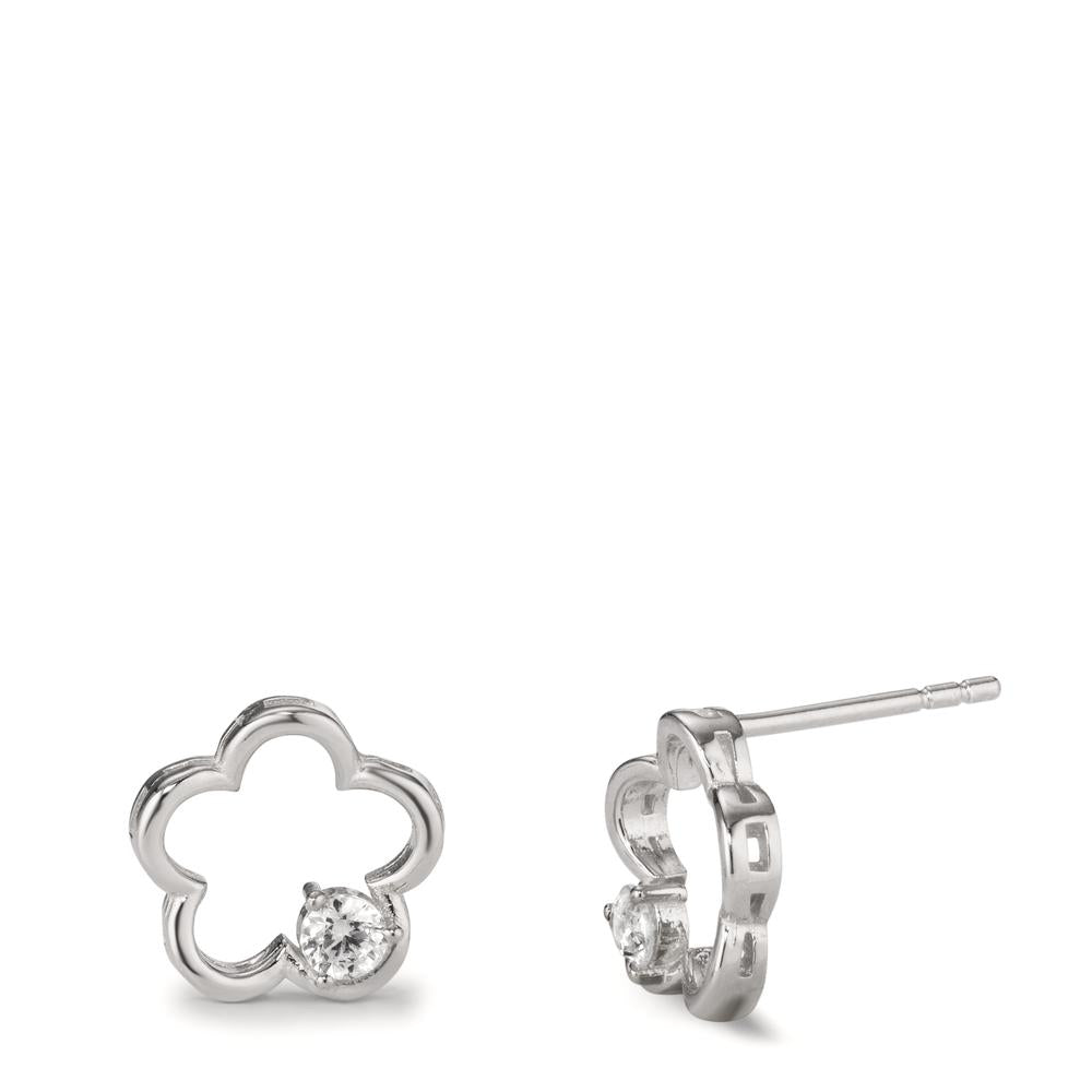 Stud earrings Silver Zirconia 2 Stones Rhodium plated Flower Ø11 mm