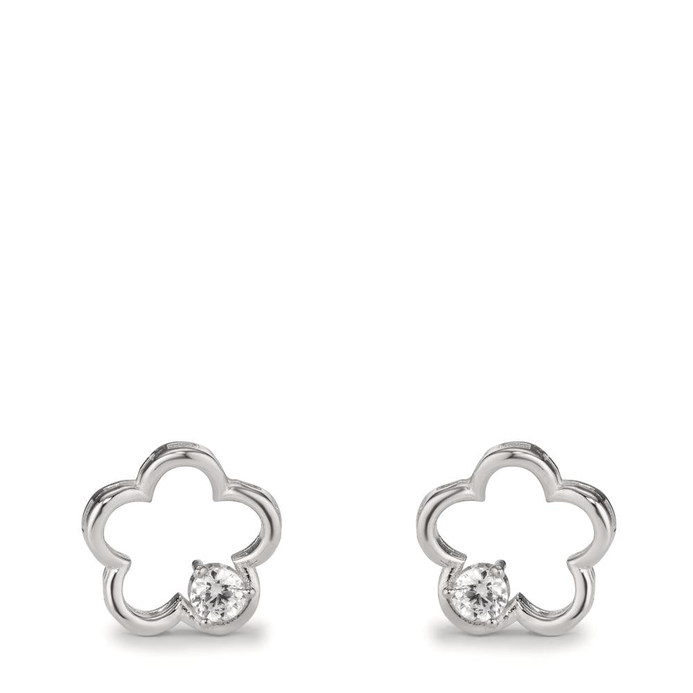 Stud earrings Silver Zirconia 2 Stones Rhodium plated Flower Ø11 mm