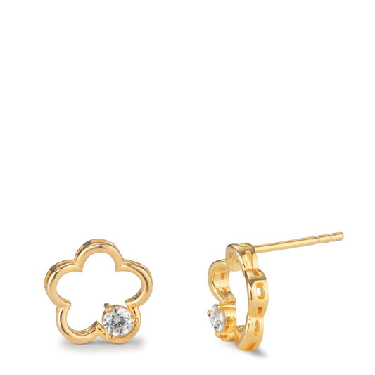 Stud earrings Silver Zirconia 2 Stones Yellow Gold plated Flower Ø11 mm