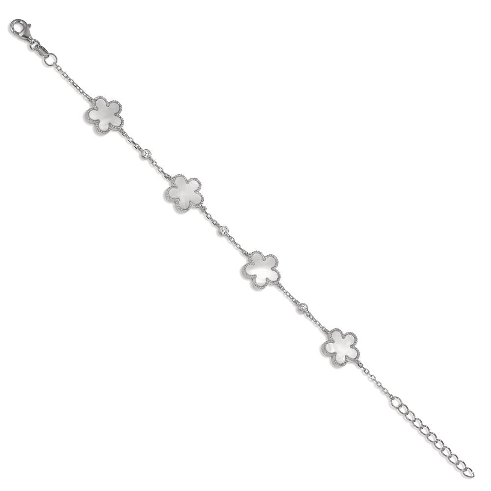 Bracelet Silver Zirconia 3 Stones Rhodium plated Mother of pearl Flower 15.5-18 cm