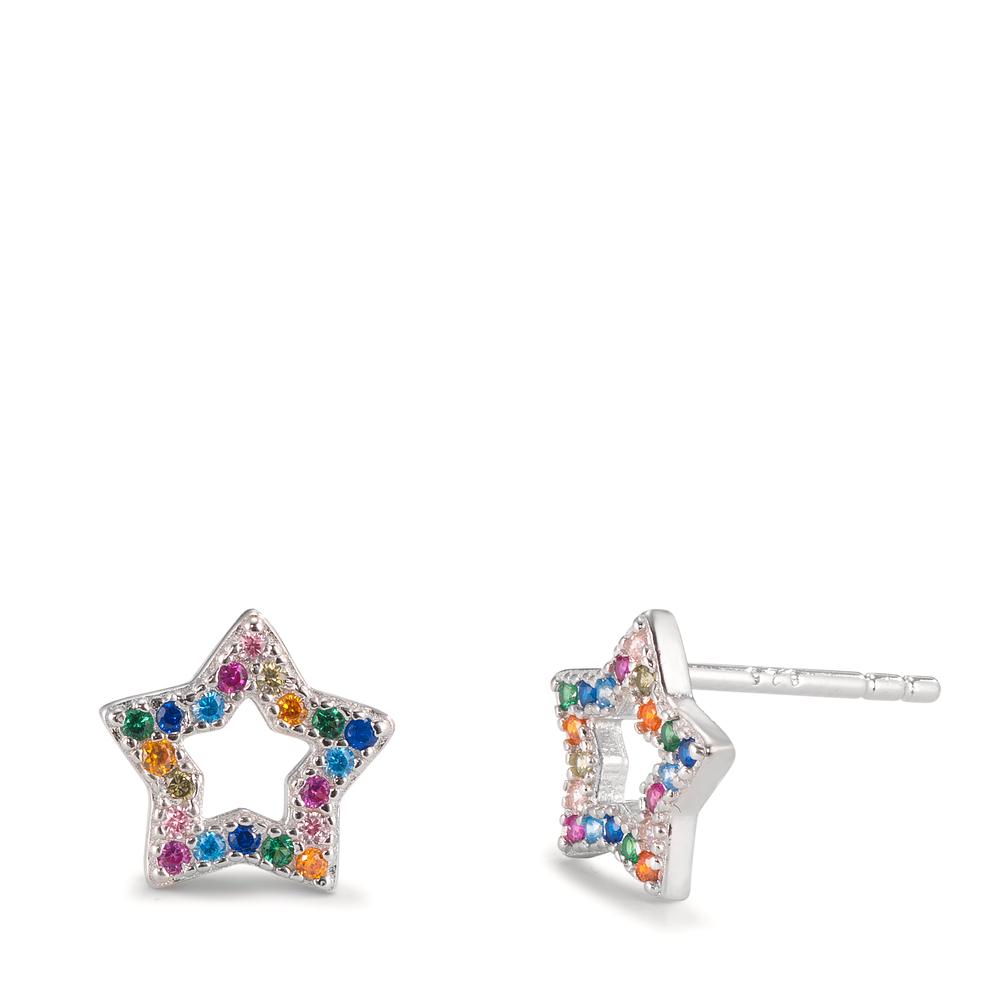 Stud earrings Silver Zirconia Colorful Rhodium plated Star Ø8.5 mm