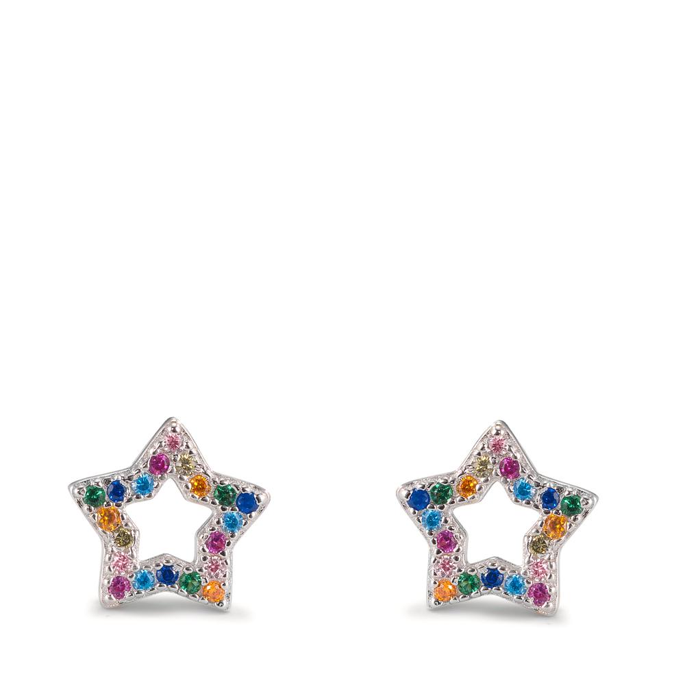 Stud earrings Silver Zirconia Colorful Rhodium plated Star Ø8.5 mm