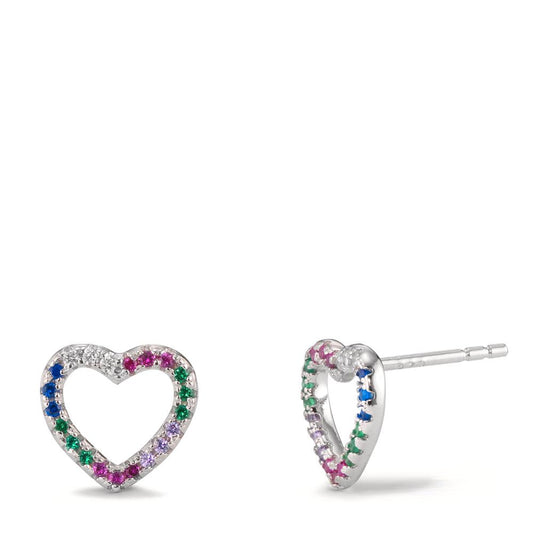 Stud earrings Silver Zirconia Colorful Rhodium plated Heart Ø9.5 mm