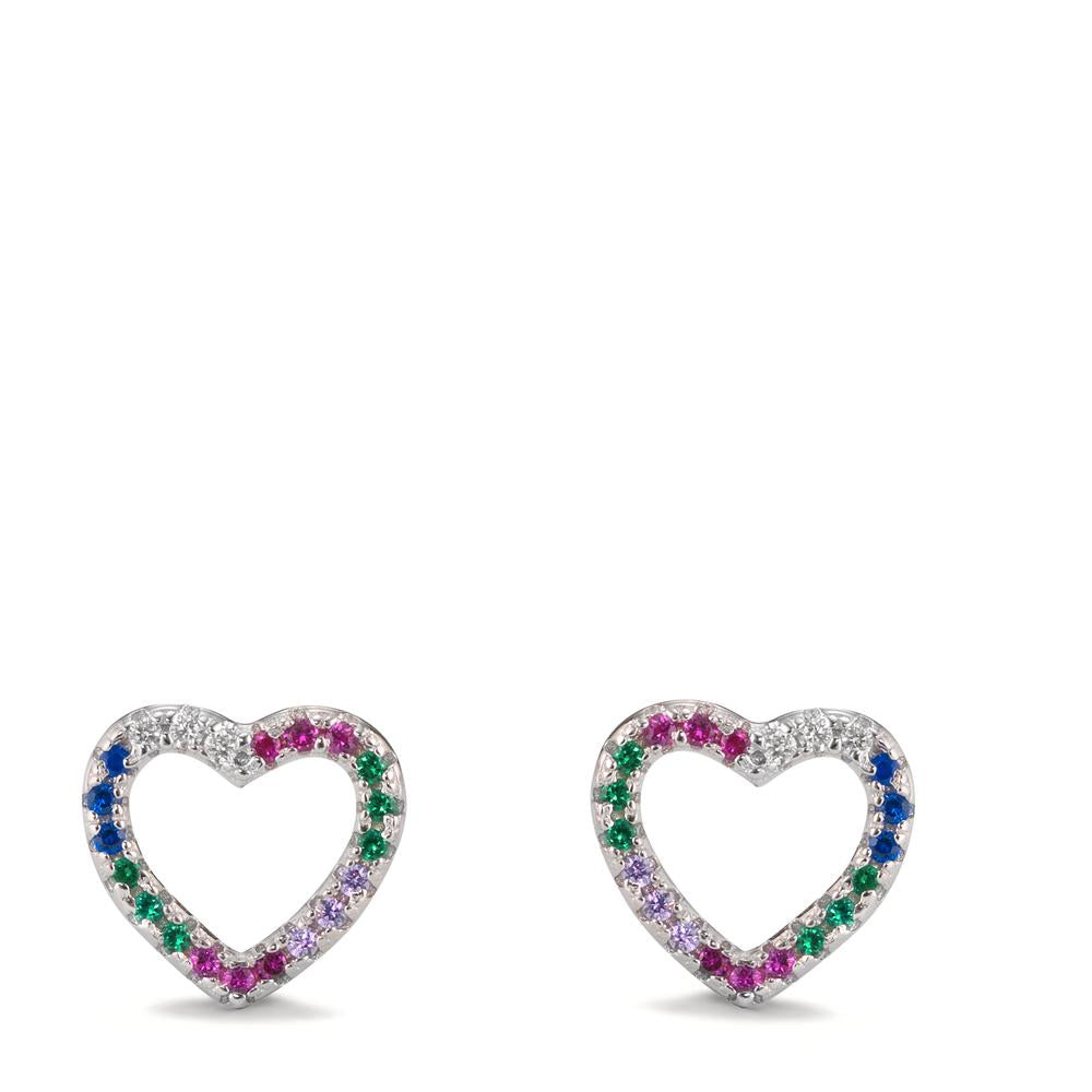 Stud earrings Silver Zirconia Colorful Rhodium plated Heart Ø9.5 mm