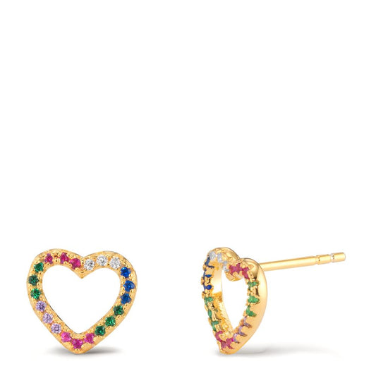 Stud earrings Silver Zirconia Colorful Yellow Gold plated Heart Ø9.5 mm