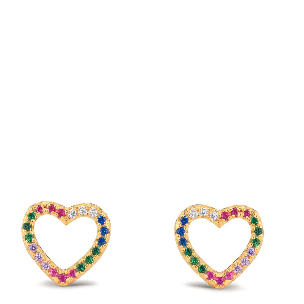 Stud earrings Silver Zirconia Colorful Yellow Gold plated Heart Ø9.5 mm