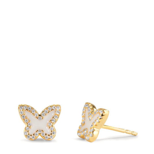 Stud earrings Silver Zirconia Yellow Gold plated Butterfly Ø8 mm