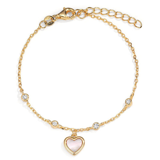 Bracelet Silver Zirconia 4 Stones Yellow Gold plated Mother of pearl Heart 16-19 cm