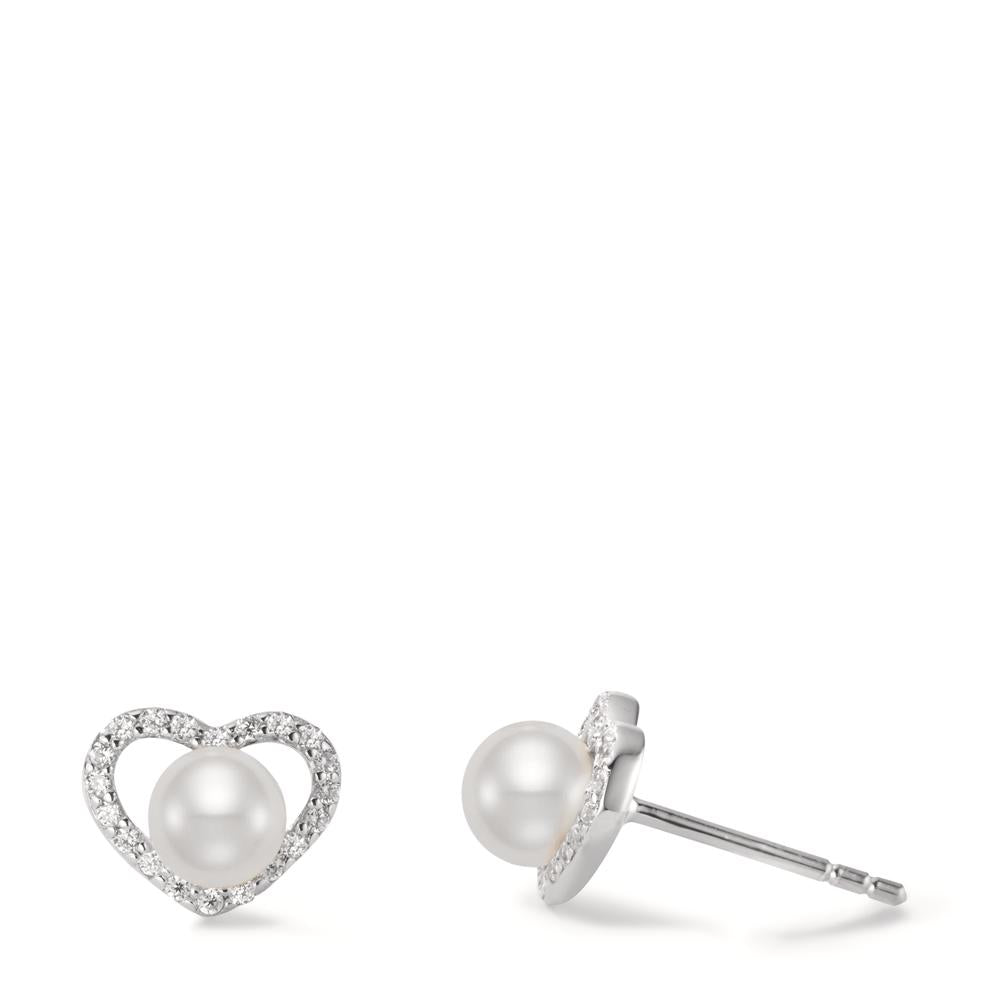 Stud earrings Silver Zirconia Rhodium plated Freshwater pearl Heart