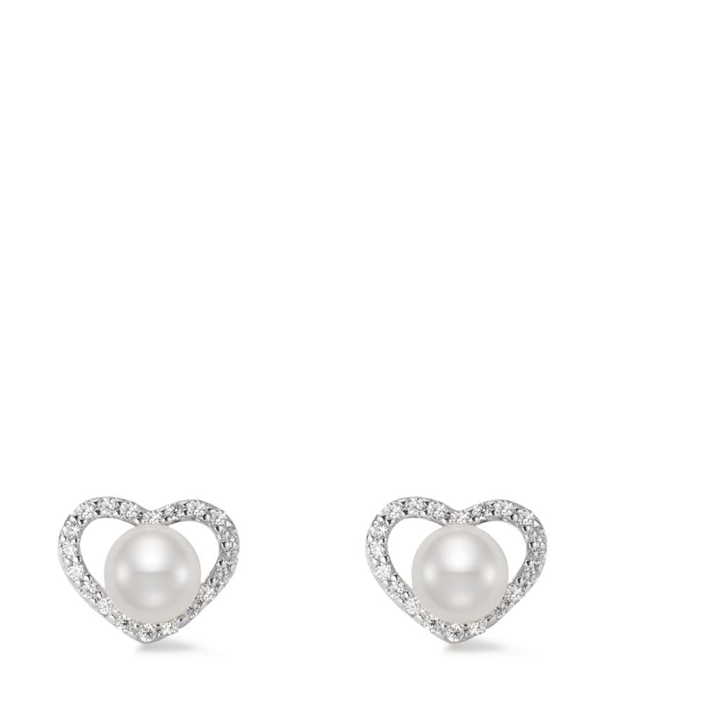 Stud earrings Silver Zirconia Rhodium plated Freshwater pearl Heart