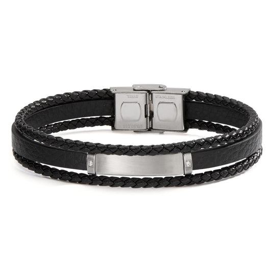 Bracelet Stainless steel, Leather Zirconia 2 Stones 21 cm