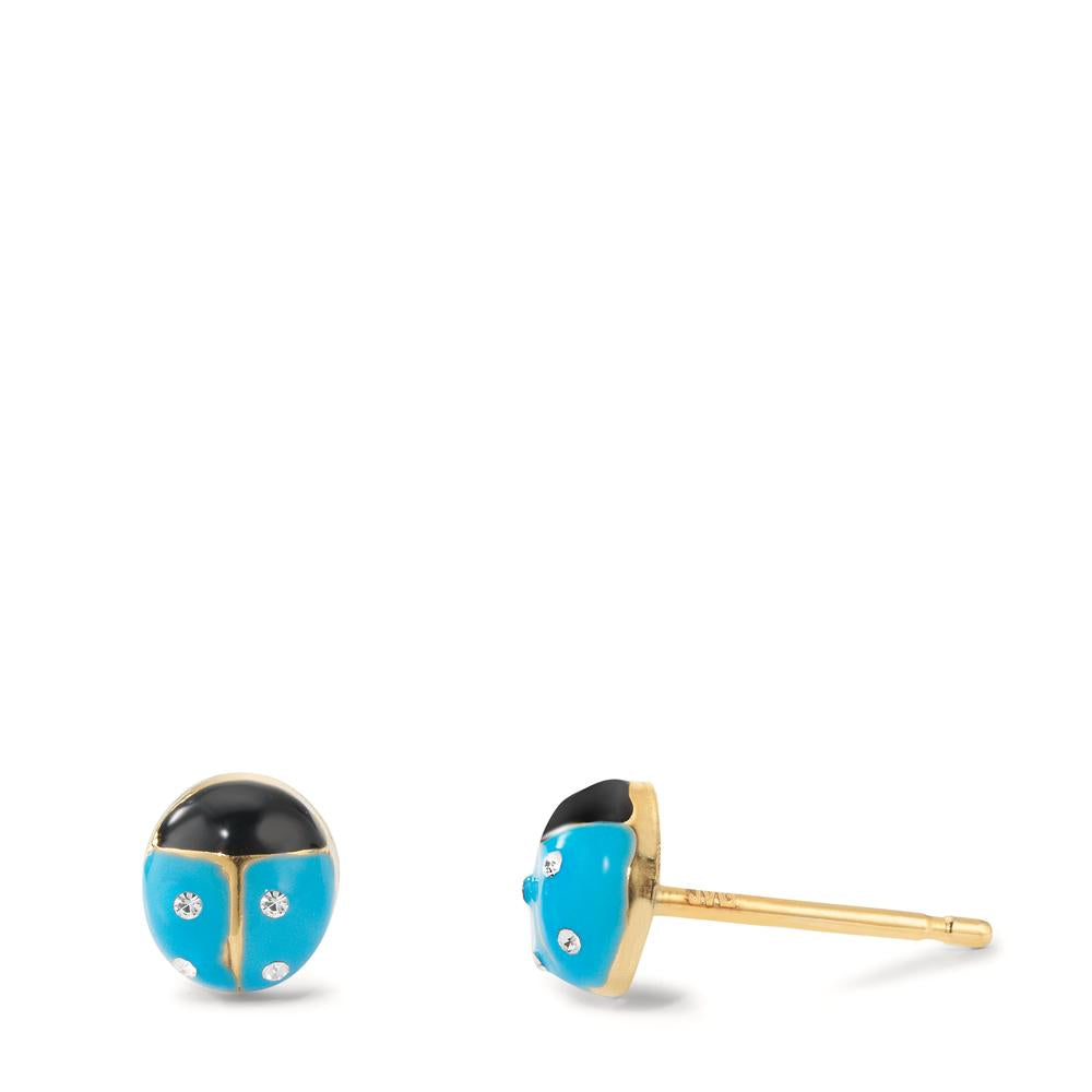 Stud earrings 9k Yellow Gold, Silicone Zirconia 8 Stones Enameled Ladybird