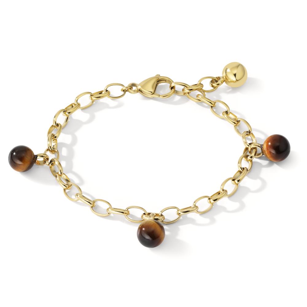 Bracelet Stainless steel Tiger Eye 3 Stones Yellow IP coated 17.5-19.5 cm Ø4 mm