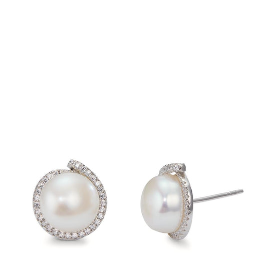 Stud earrings Silver Zirconia White Rhodium plated Freshwater pearl Ø13 mm