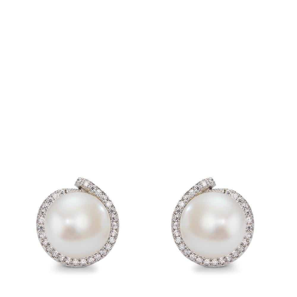 Stud earrings Silver Zirconia White Rhodium plated Freshwater pearl Ø13 mm