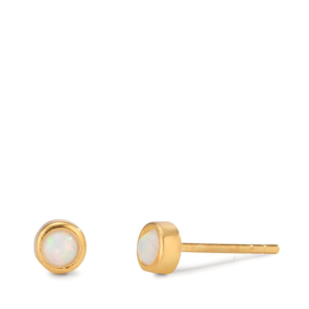 Stud earrings Silver Synthetic Opal White, 2 Stones Yellow Gold plated Ø4.5 mm