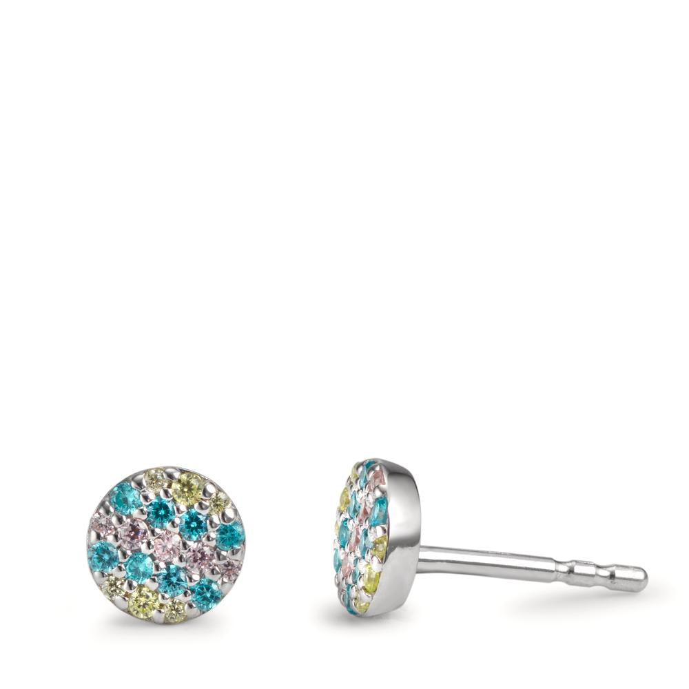 Stud earrings Silver Zirconia Colorful Rhodium plated Ø6 mm