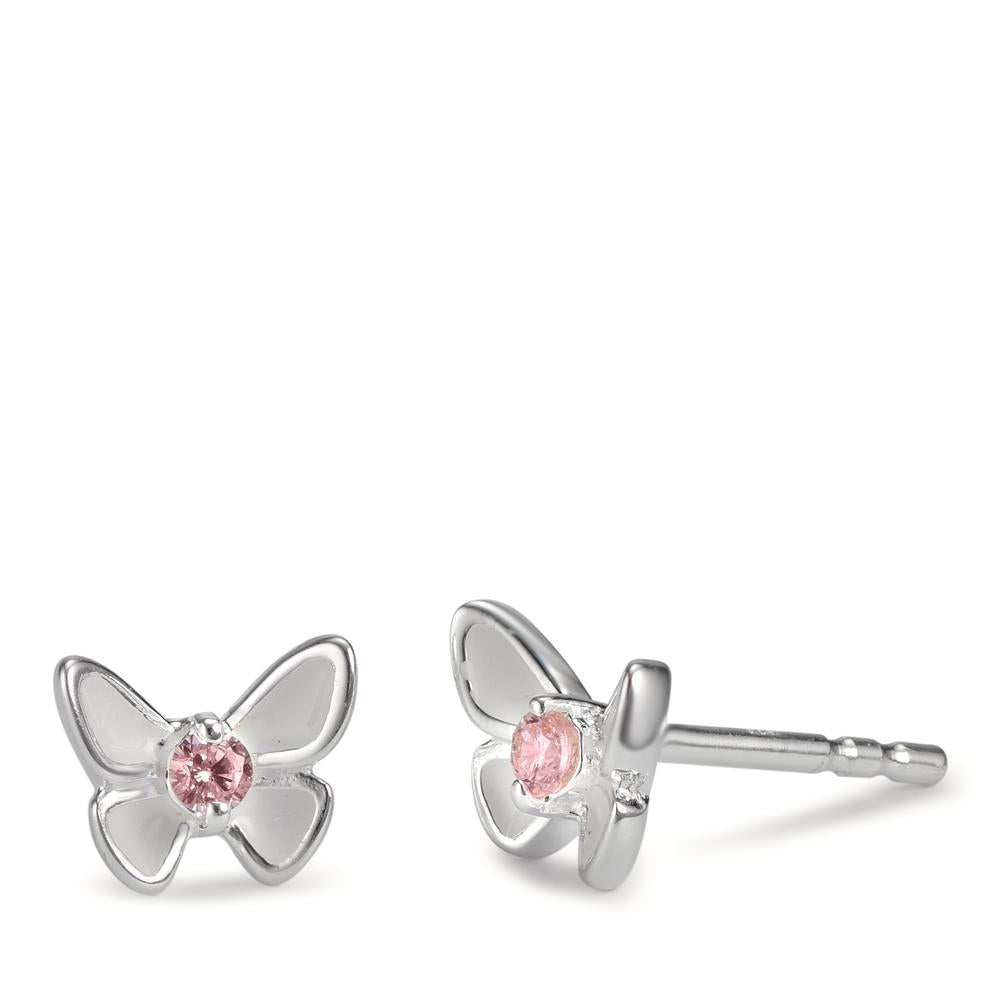 Stud earrings Silver Zirconia Rose, 2 Stones Enameled Butterfly Ø7 mm