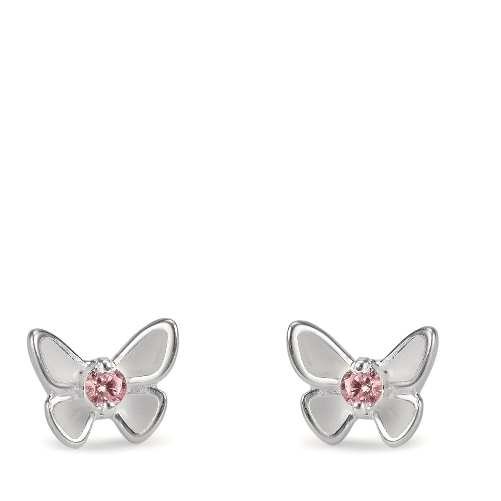 Stud earrings Silver Zirconia Rose, 2 Stones Enameled Butterfly Ø7 mm