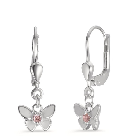 Drop Earrings Silver Zirconia Rose, 2 Stones Enameled Butterfly Ø7 mm