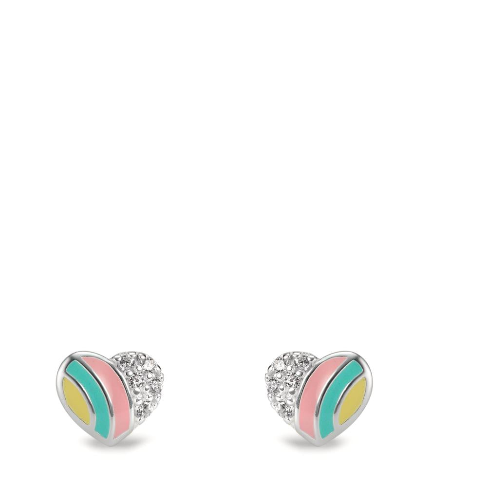 Stud earrings Silver Zirconia 10 Stones Enameled Heart Ø5.5 mm