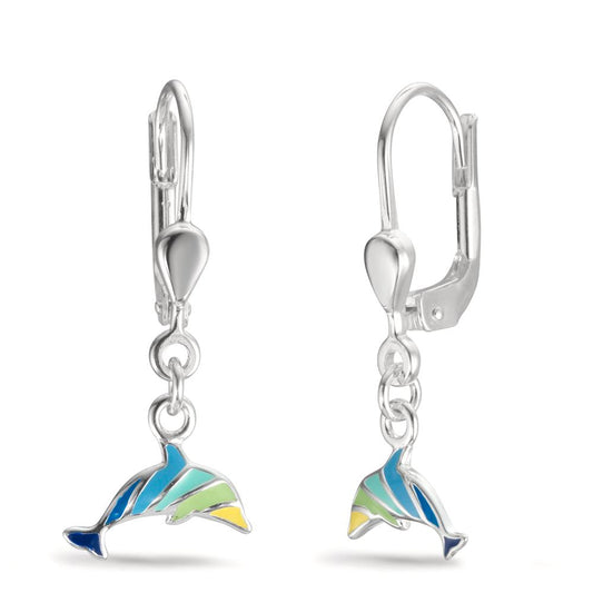 Drop Earrings Silver Enameled Dolphin